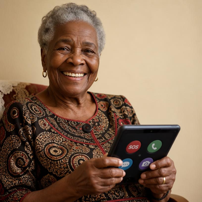 An older Black African woman smiling while holding a tablet with large buttons