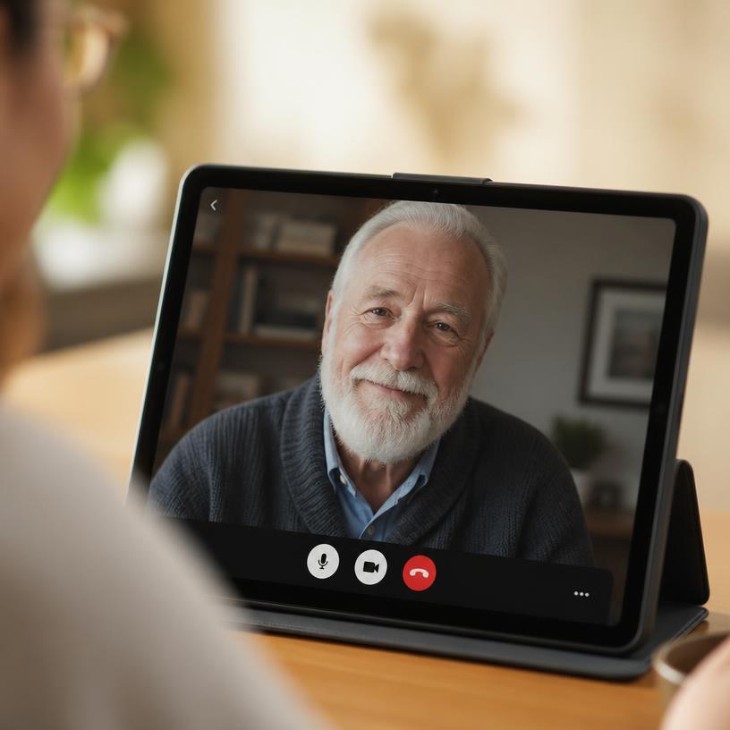 An older white man with a white beard on a video call