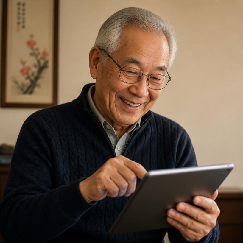An older East Asian man drawing on a tablet with his finger